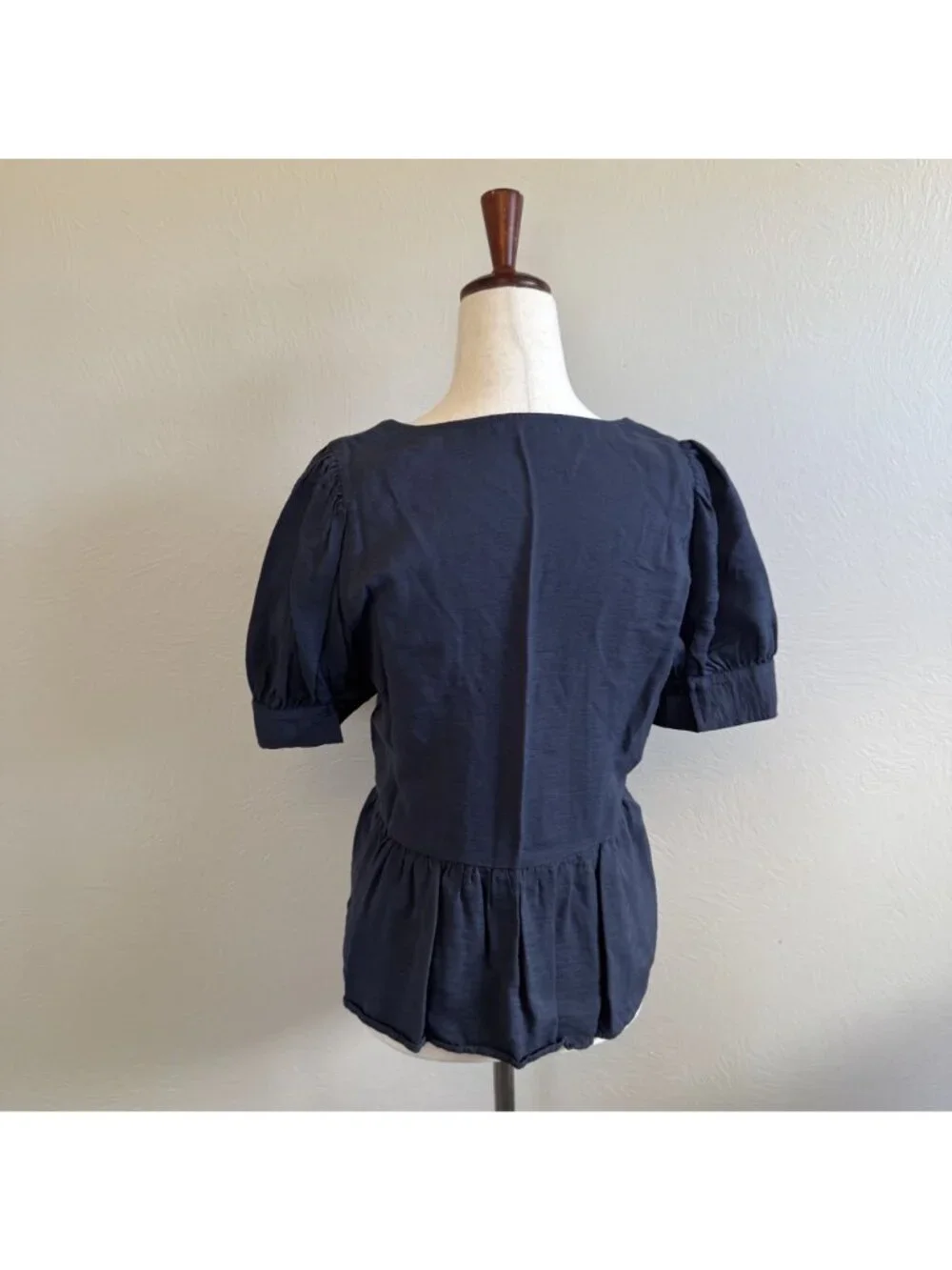 Madewell V-Neck Button-Front Peplum Top Short Puff Sleeve Blouse Blue Size S